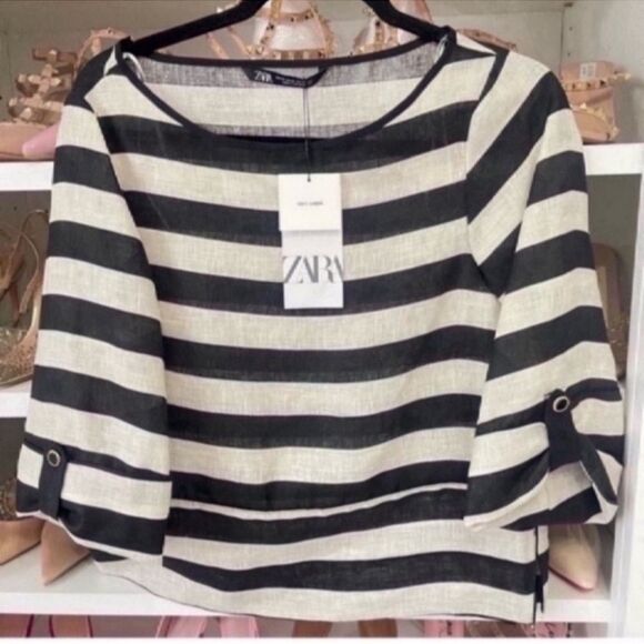 NWT Elegant ZARA STRIPED LINEN TOP Size XS - Picture 7 of 13